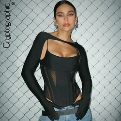 Cryptographic Fashion 2 Piece Set Long Sleeve Corset Tops for Women Elegant Sexy Backless Mesh Detail Autumn Mesh Cami Crop Tops