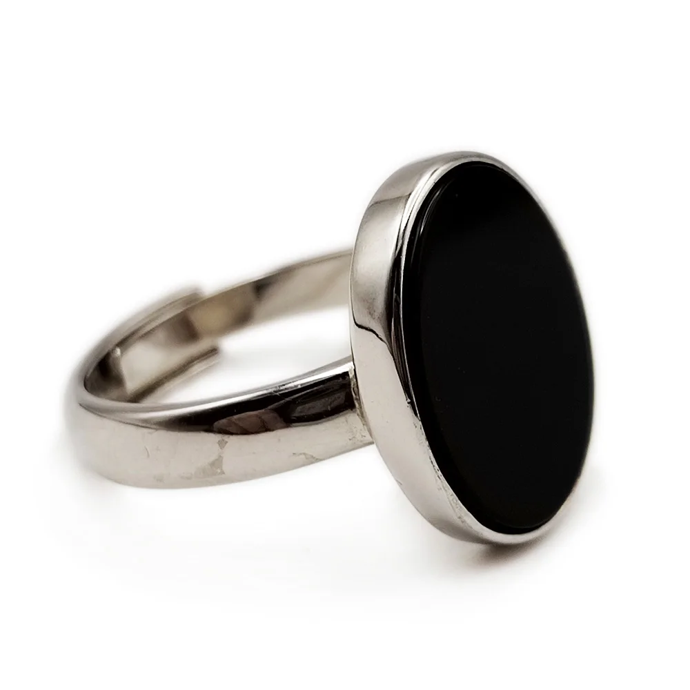 Oval & Round Signet Ring Black Natural Agate Stone White Gold 925 Sterling Silver Gemstone Jewelry for Women Adjustable Onyx