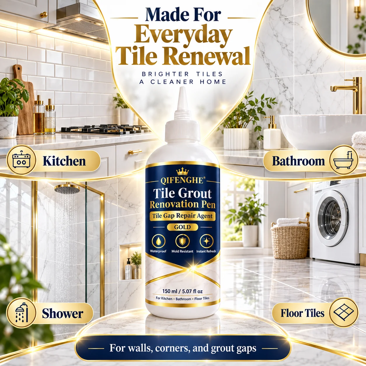 Gold Tile Grout Renovation Pen Waterproof Mold Resistant Quick Dry Gap Filler for Kitchen Bathroom Floor