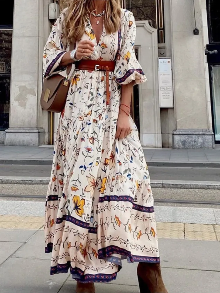 Women\'s New Autumn Winter Fashion Print Bohemian Long Dress Sexy V-neck Seven Quarter Sleeve Casual Comfortable Loose Dress