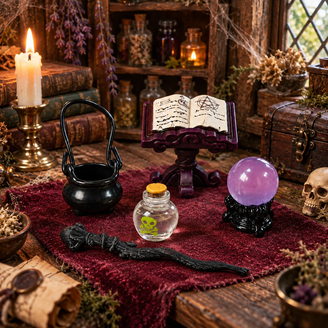 1 set Miniature magic wand study scene figurine, tabletop decoration model, Halloween party decoration, creative collection gift