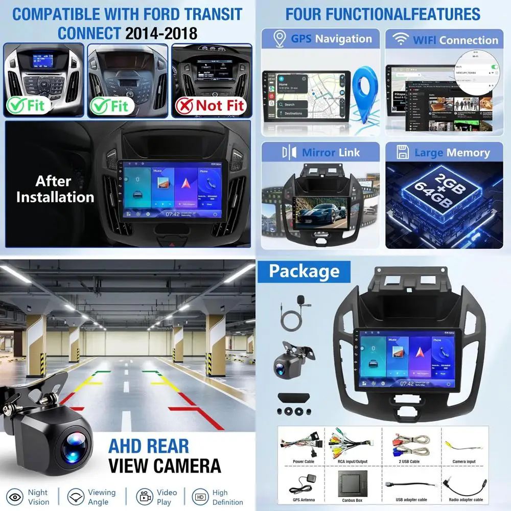 

2+64GB Car Radio Stereo Compatible with Ford Transit Connect 2014-2018, 9 Inch Touch Screen Car Radio with CarPlay, GPS FM WiFi