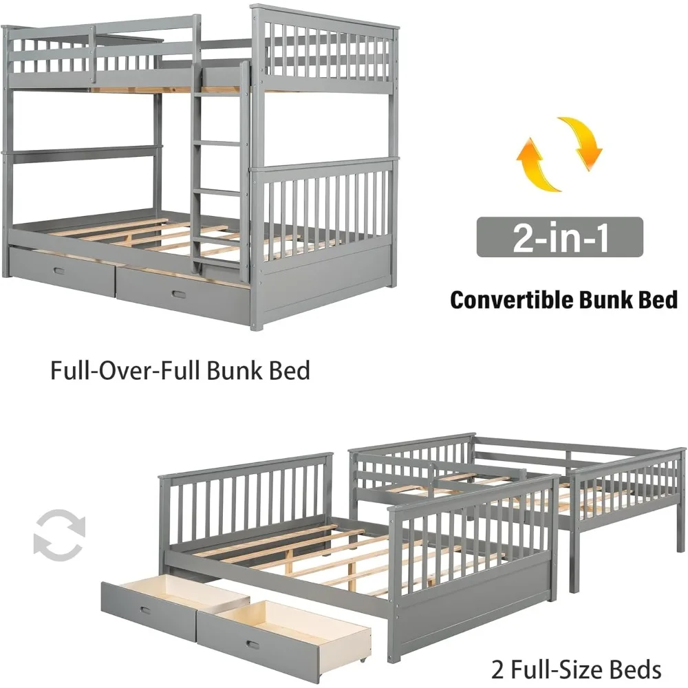 سرير خشبي بطابقين مع أدراج، سرير خشبي بطابقين قابل للتحويل مع سلالم ودرجين تخزين، إطار سرير من الخشب الصلب قابل للفصل #6