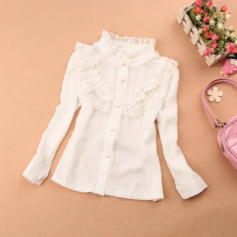 2020 Spring Autumn 2-16Y Chiffon Ruffles Lace Baby Teen Big Girls White Blouse Long Sleeve School Girl Tops Kids Shirts JW0555