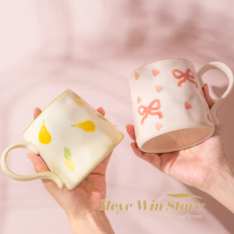 

Ins Cute Hand Pinched Ceramic Mugs Hand Painted Bow Flower Espresso Coffee Cups Breakfast Milk Cup Gift for Kids Girls
