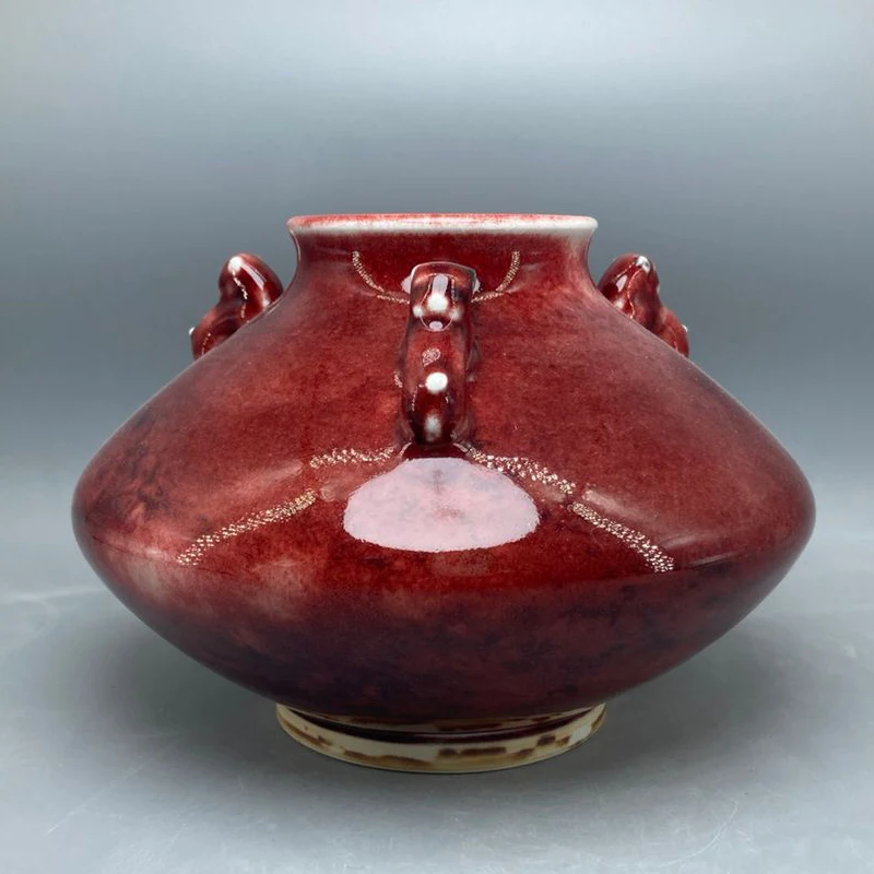 Deep red potbelly ceramic vase Jun China appreciation bottle handicrafts decoration High 14 cm