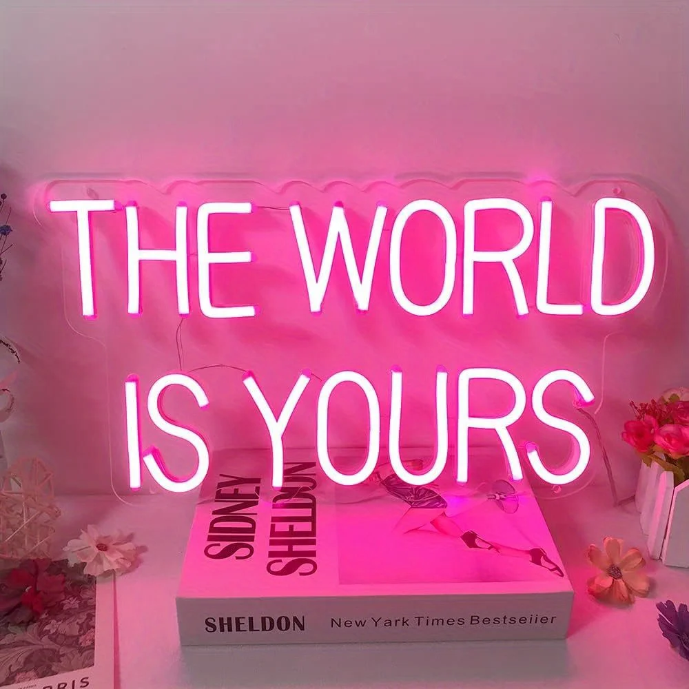 The World Is Yours LED Neon Sign Pink Inspirational Wall Art Bedroom Living Room Decor USB Powered Motivational Gift