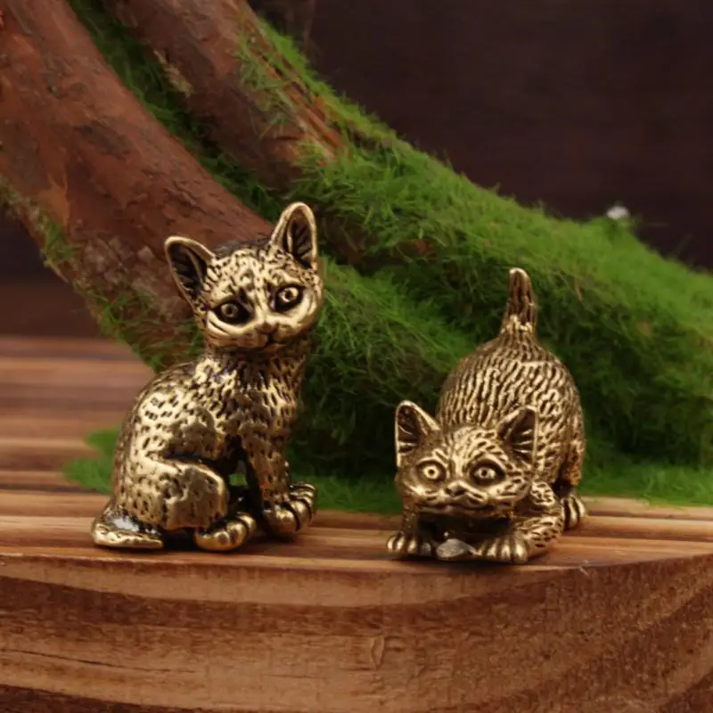 [1 Piece Animal Pussycat Figurines Brass Cute Cat Pocket Statue Vintage Small Tea Pet Ornament Miniatures Desk Decoration]