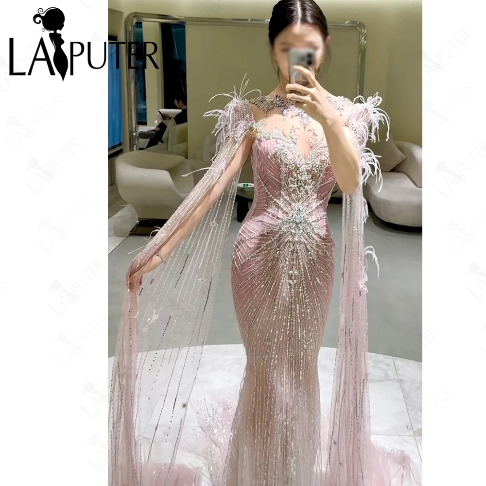 

Роскошные розовые вечерние платья-русалки 2026 с кристаллами, иллюзией приталенного силуэта, расшитые бисером, с короткими рукавами, накидкой и длинными рукавами, для выпускного вечера