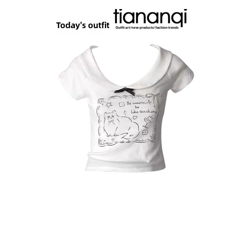 Summer  Knot Print Doll Collar Short Sleeve T-Shirt And Slimming Jeans Two-Piece Set Fashionable Casual Women's Wear view 3