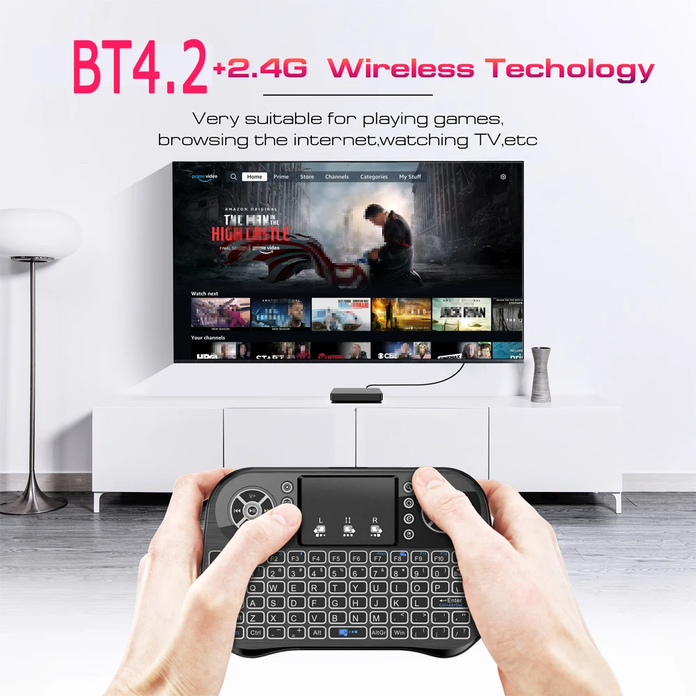 Mini Teclado Sem Fio Bluetooth, 2.4G, Dual Mode Backlit, Inglês, Russo, Francês, Espanhol, Portugal, Android, TV Box, PC, Projetor