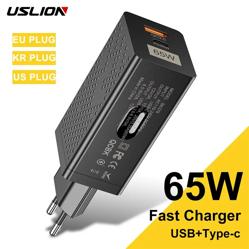 USLION 65W GaN Charger Quick Charge 4.0 3.0 Type C PD USB Charger KR US EU Plug Portable Fast Charger For Laptop iPhone 14 13