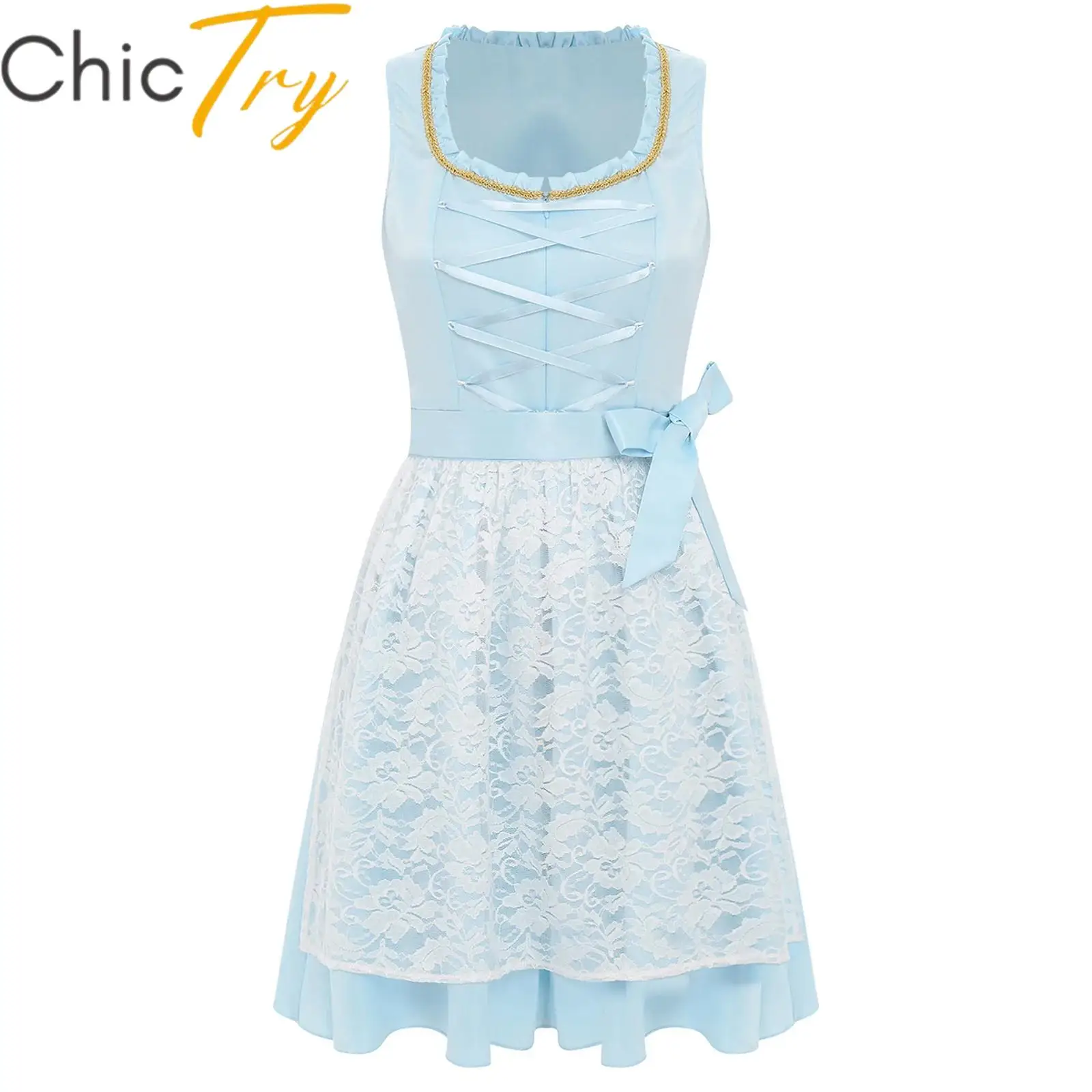 

Womens German Oktoberfest Cosplay Costume Halloween Roleplay Maid Dress Ruffled Gold Trim Dress with Apron Carnival Dress Up