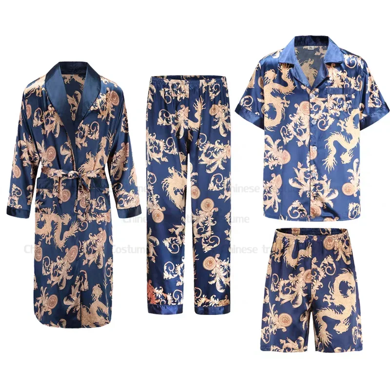 Men Home Clothes Print Top Pant Kimono Robe Shorts Ice Silk Sleepwear Summer Spring New Loungewear Soft Pajamas Suit Oversize