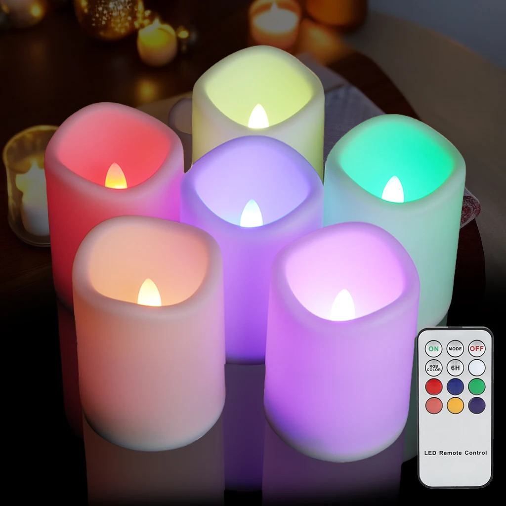 

Flameless LED Pillar Candles Battery Operated Colorful Party Votive Candles Timer Remote Electric Fake Plastic Candles Set of 6