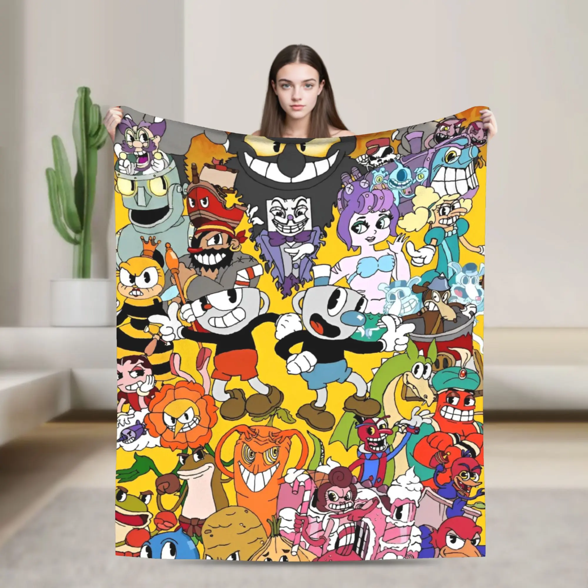 Cuphead and Mugman Blanket Fleece Textile Decor Video Game Breathable Warm Throw Blanket for Sofa Couch Rug Piece