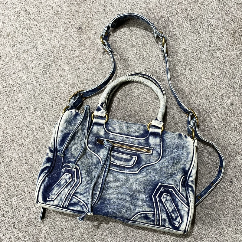 Moto & Biker Pillow Denim Bags For Women Luxury Designer Handbags Purses 2024 New In Splicing Washing Process Underarm Shoulder