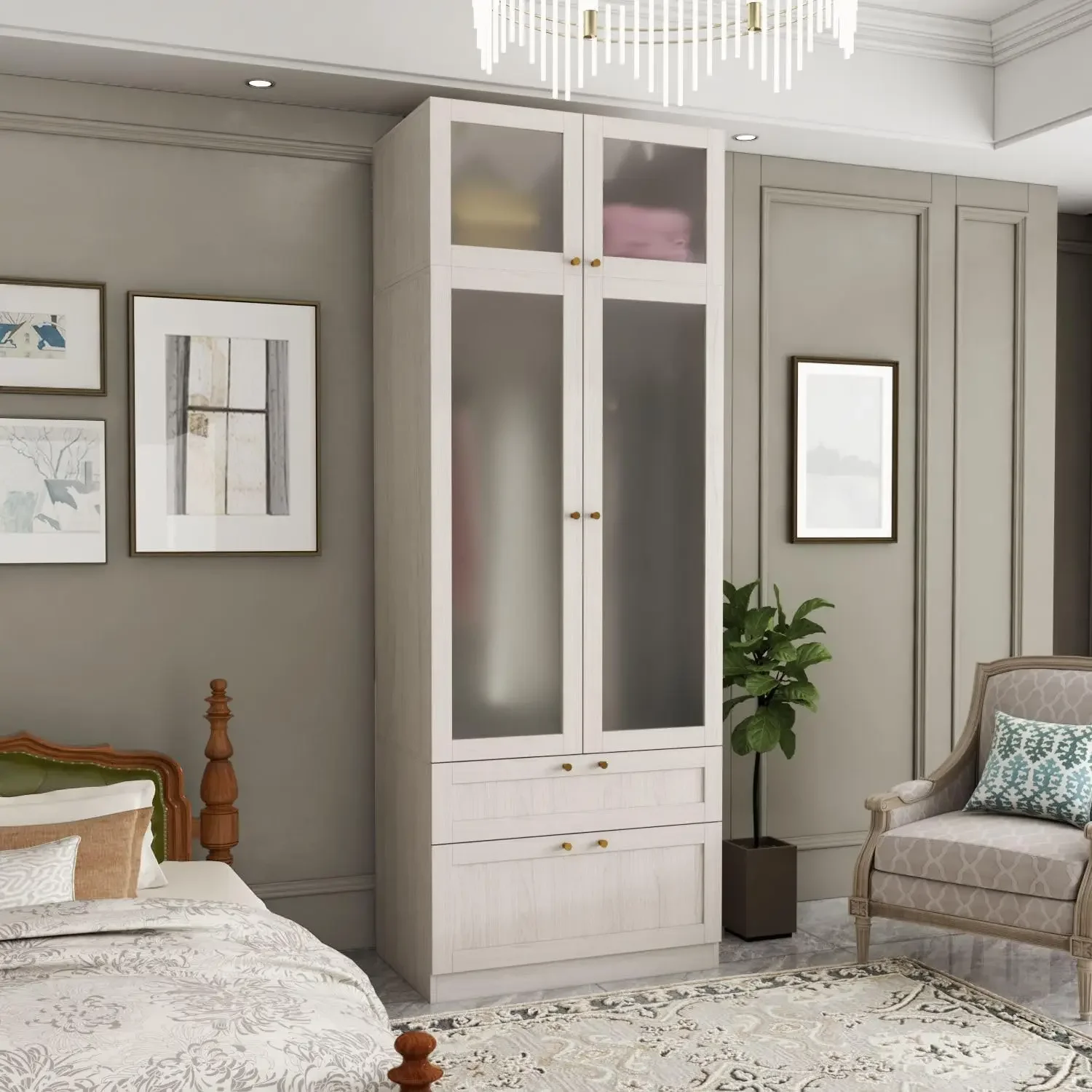 Double door wardrobe with hangers and 2 drawers, frosted glass door, depth 19.9 inches x width 31.5 inches x height 86.6 inches