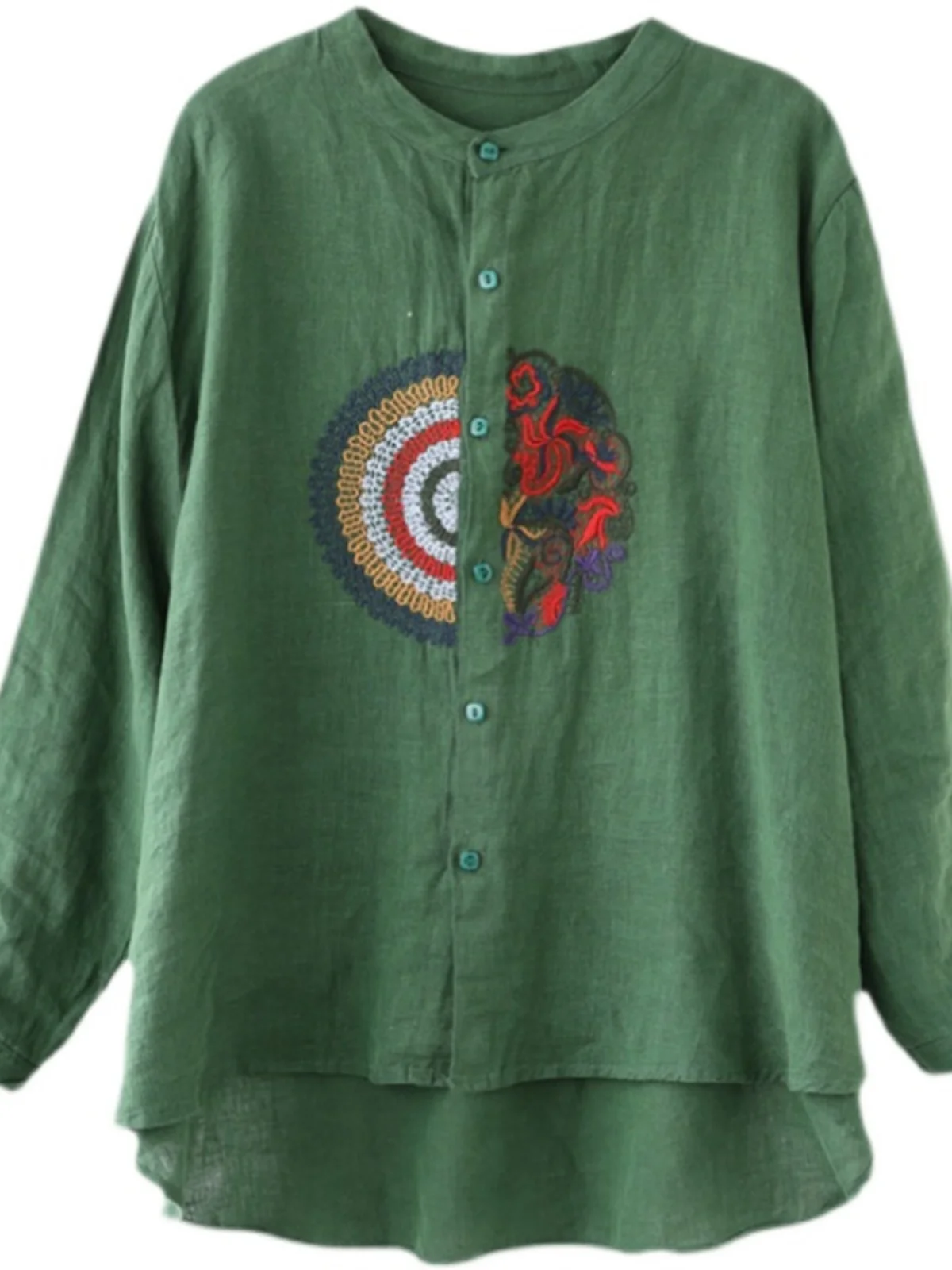 Csa de Manga Larga Bordada de Estilo Étnico Retro, Ropa Casual de Primavera para Mujer, Csa Hoada con Botones de Colo...