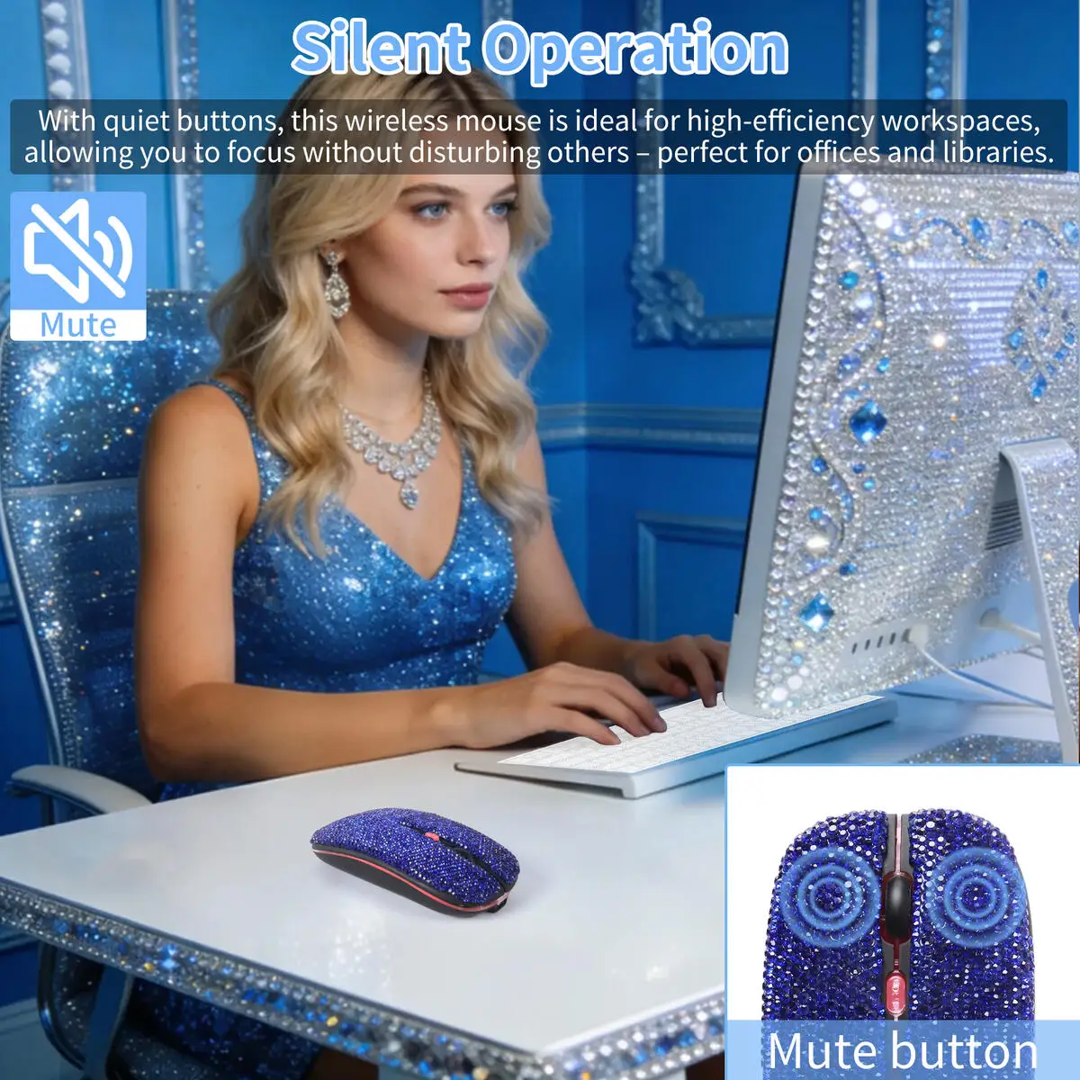 2.4G+Bluetooth Sparkly Bling Wireless Mouse Rhinestone Glitter Computer Mice for Girls, Bedazzled Cute Mice for Laptop MacBook