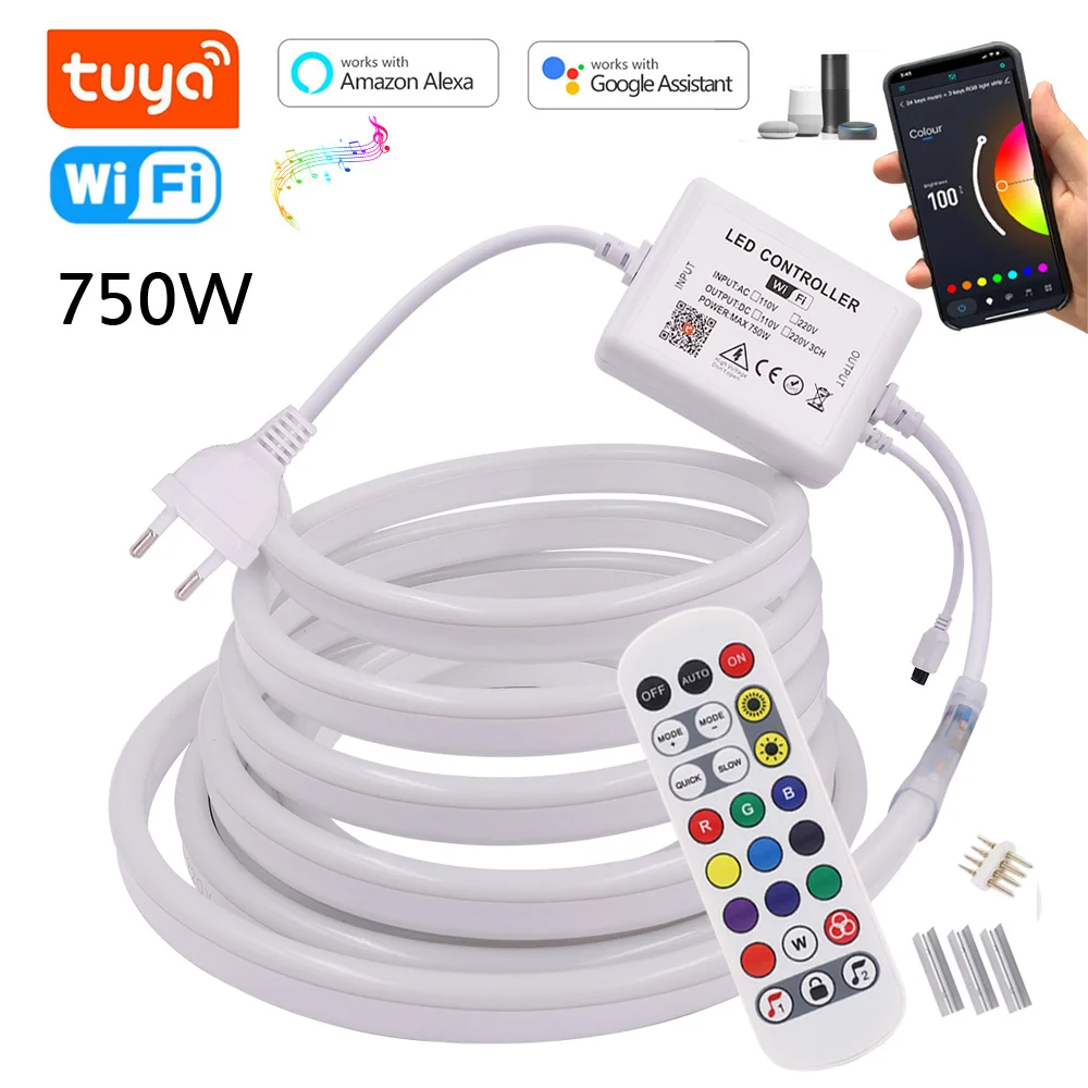 220V 110V LED Neon RGB Strip Light 24key Remote 5050 2835 Waterproof Flexible Ribbon Silicone Rope Lights WIFI  Bluetooth Kit