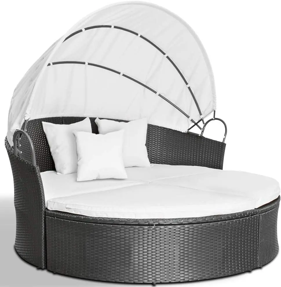 Garden Furniture Outdoor Round Sofa Bed with Retractable Canopy Wicker Rattan Individual Seat Combination Sofa for Backyard Porc