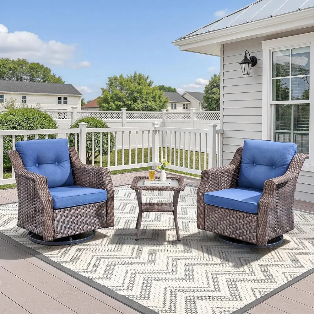 Kursi Anyaman Teras Rocker Putar-Kursi Rocker Putar Luar Ruangan Set Isi 2 dengan Semua Set Rocker Glider Anyaman Cuaca, Rotan Pe