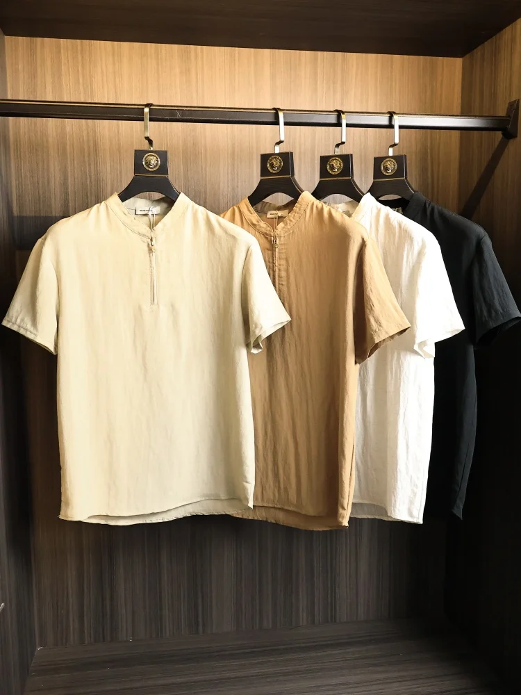 

New Chinese Style Men's Short Sleeve Shirt Zipper Collar Blend of Lenzing Fabric Skin-friendly Breathable Urban Fashion