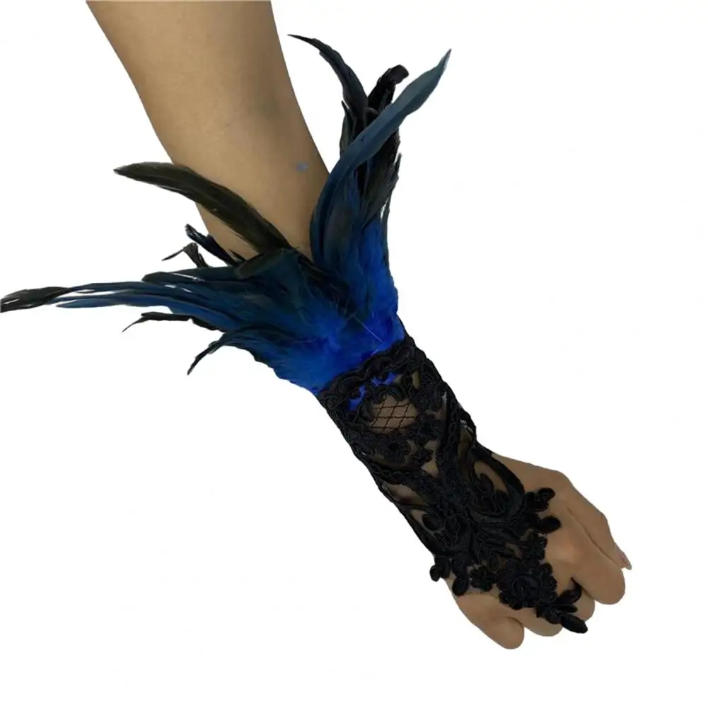 Guantes largos de encaje Sexy con diseño de plumas, elegantes guantes góticos de manga de malla, cinta atada, fácil de usar, suministros para