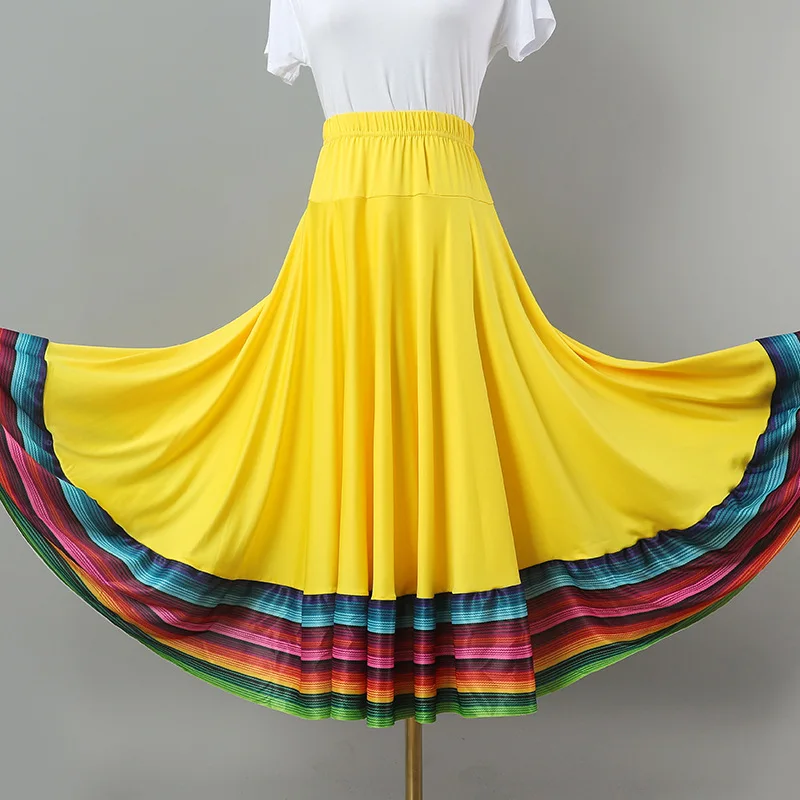Women's Mid-Length A-Line Skirt Square Dance Skirt Elastic Waist Dance Skirt Rainbow Skirt Social Dance Ethnic Style Skirt