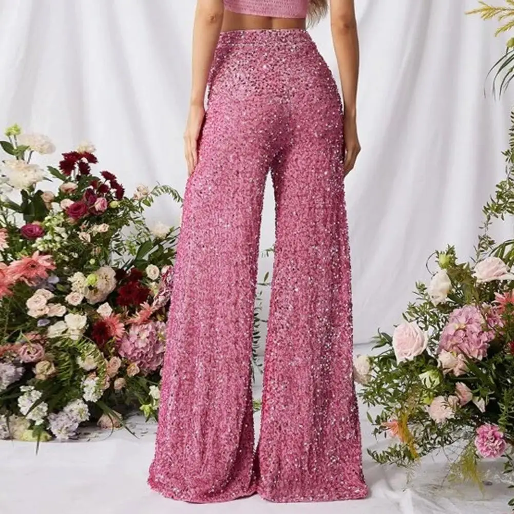 Frauen Elastische Hohe Taille Breite Bein Pailletten Hosen Funkelnden Glitter Stretchy Stoff Casual Party Club Datum Streetwear Hosen