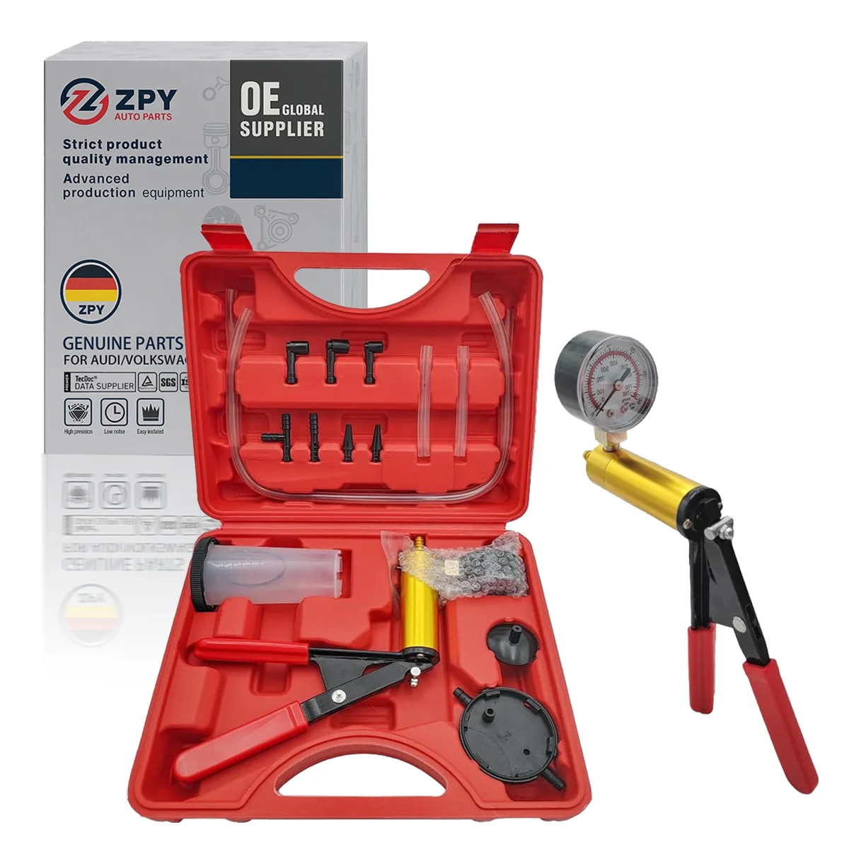 2 in1 Brake Bleeder Kit with Hand Held Vacuum Pump Tester with Gauge Adapters for Car Motorcycle One-Man Brake Bleeding System