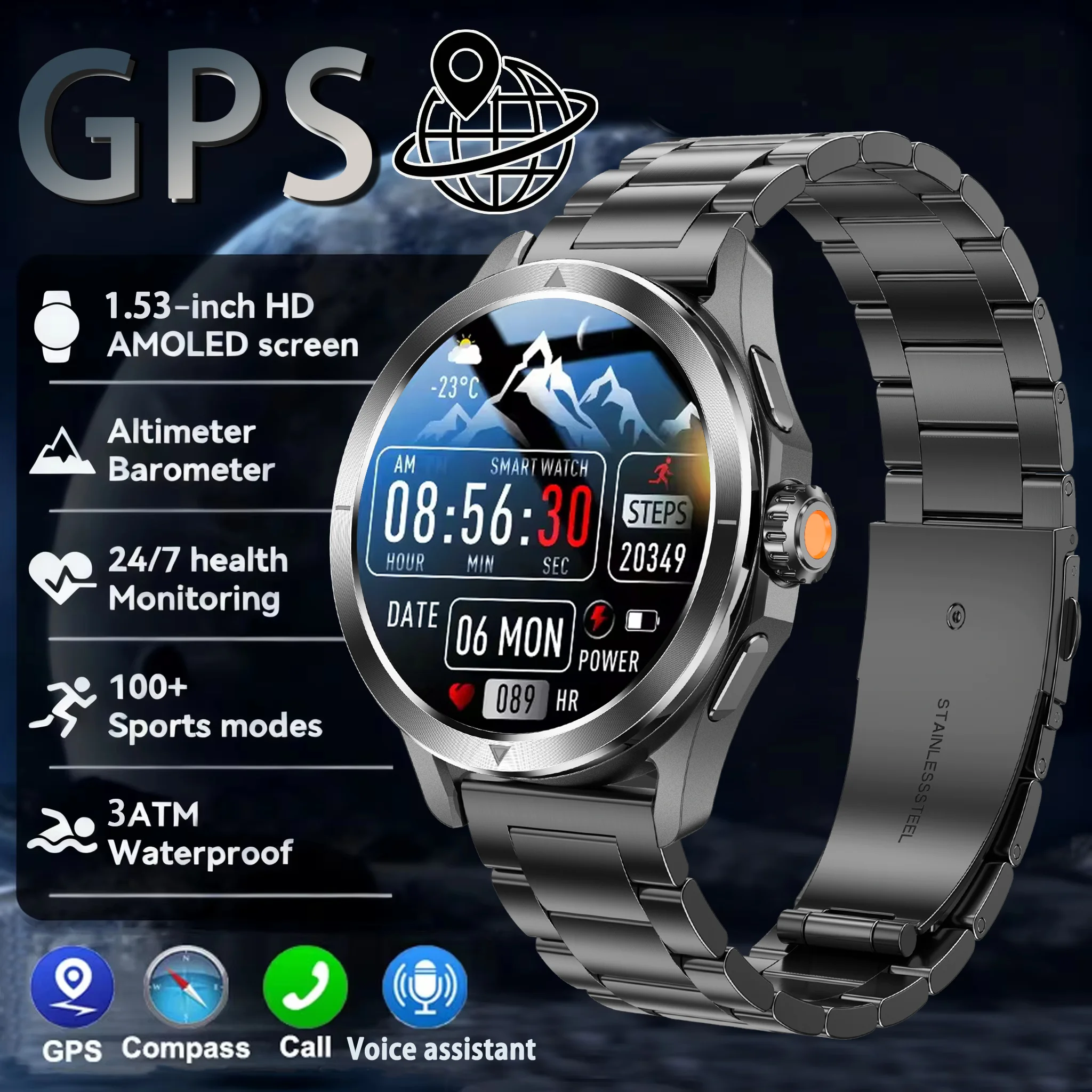 

2025 new Military Smart Watch Bulit-in GPS Compass Altimeter Barometric 3ATM Waterproof AMOLED Bluetooth Call Smart watch