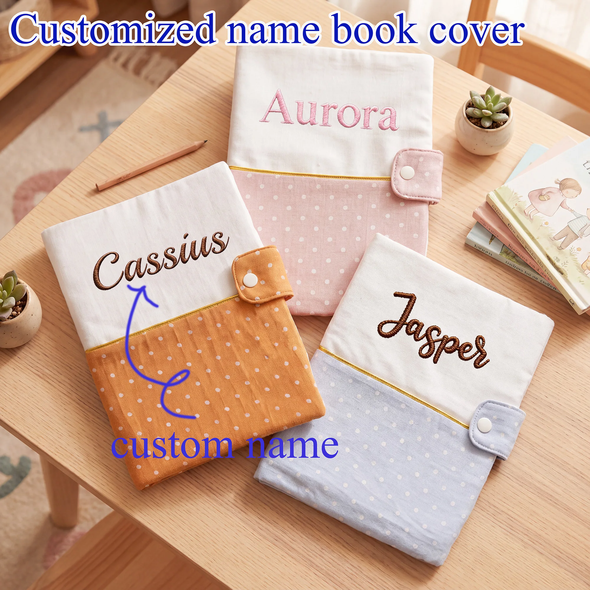 Custom Embroidered Name Book Cover Polka Dot Cotton Fabric Book Sleeve With Snap Button Pocket Personalized Book Protector Gift