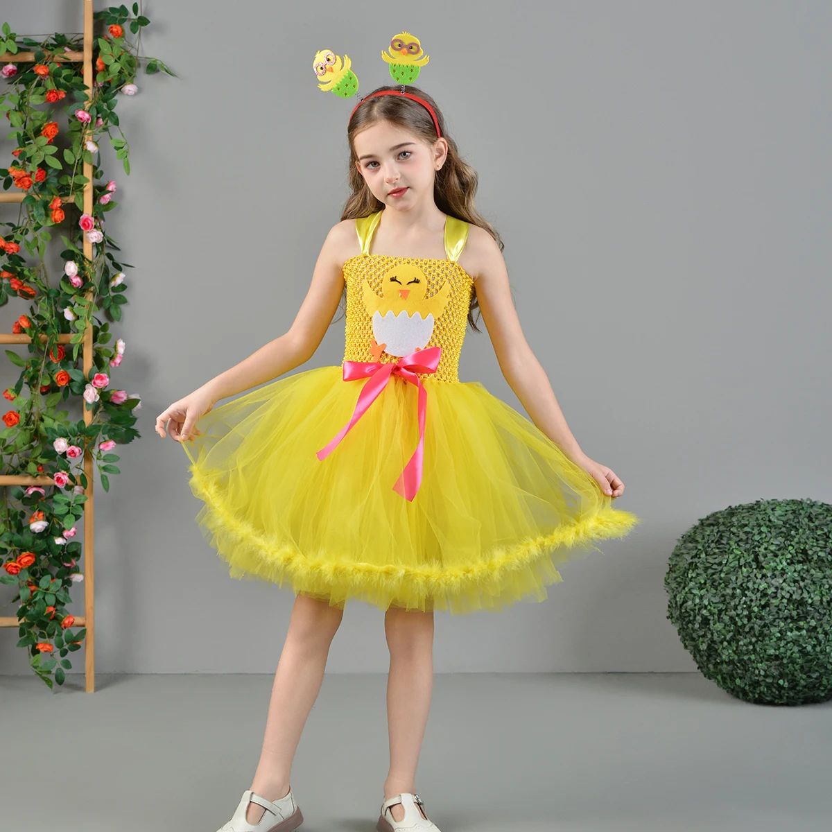 Sweet Little Chicken Yellow Crocheted Tutu Dress with Fluffy Tailfeathers Matching Headpiece for Easter Party Spring Costume