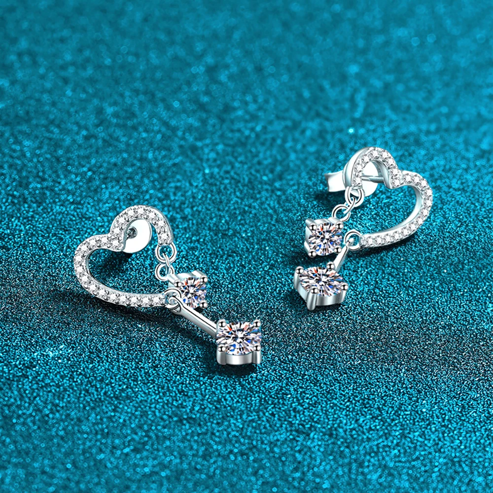 MUXIFC 1.6CT Round Cut Moissanite Tassel Stud Earring Women Sparkling Heart Wedding Earring 925 Silver Plated 18K Gold Jewelry