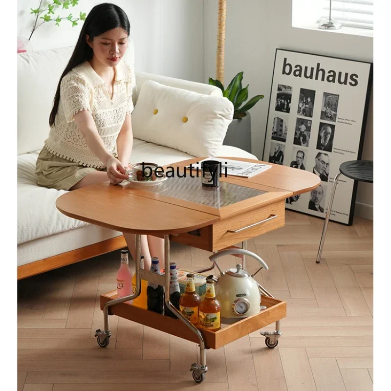 Portable Folding Coffee Table Nordic Solid Wood Small Apartment Living Room Cherrywood Sofa Side Table Trolley
