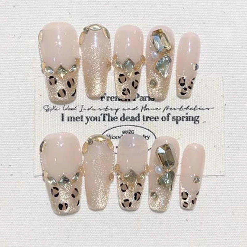 10pcs Hot Girl Medium French Ballet Nails Cat Eye Leopard Print Rhinestone Handmade Press on Nails Wearable Full Cover Nail Tips