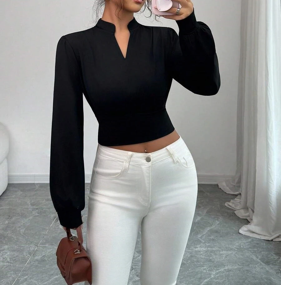 

Fashionable temperament short standing collar shirt long sleeved top