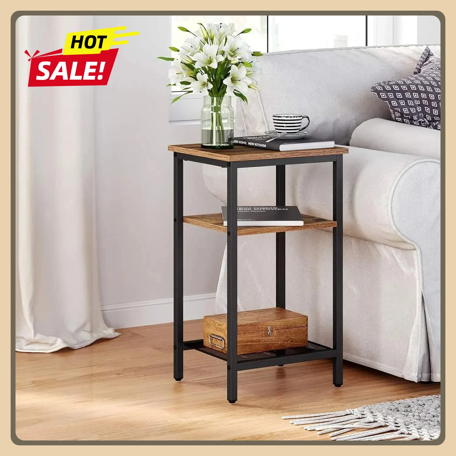 

Set of 2 End Table, 3-Tier Side Table for Small Space in Living Room, Bedroom, Steel Frame, Easy Assembly