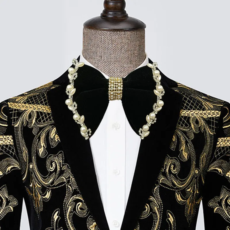French Men's Velvet Bow Ties Pearl Rhinestone Original Handmade Jewelry Gifts Luxury Business Suit Shirt Wedding Collar Flowers