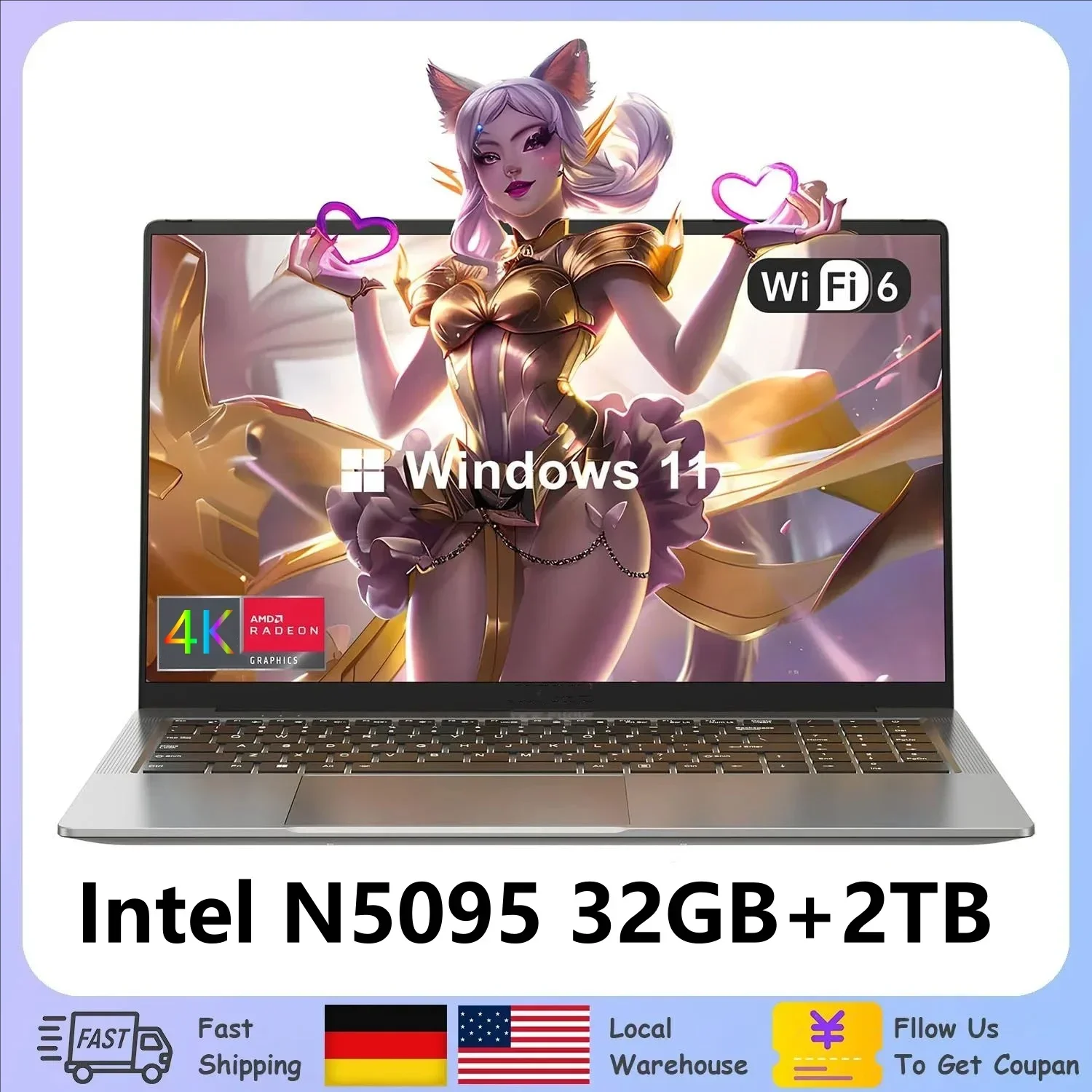 Nowy N5095 Laptop 16/32GB RAM 1024GB SSD Intel Windows 11 Pro Office Gaming Notebook Computer Odblokuj odcisk palca Podświetlana klawiatura