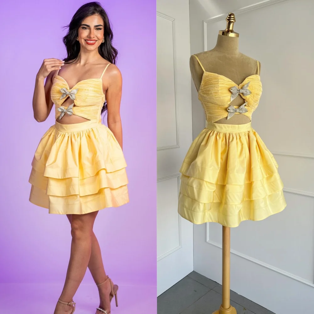 

Customized Sexy High Quality Jersey Tiered Bow Pleat Ruched A-line Spaghetti Strap Short Dresses Quinceanera Dresses Sizes Avail