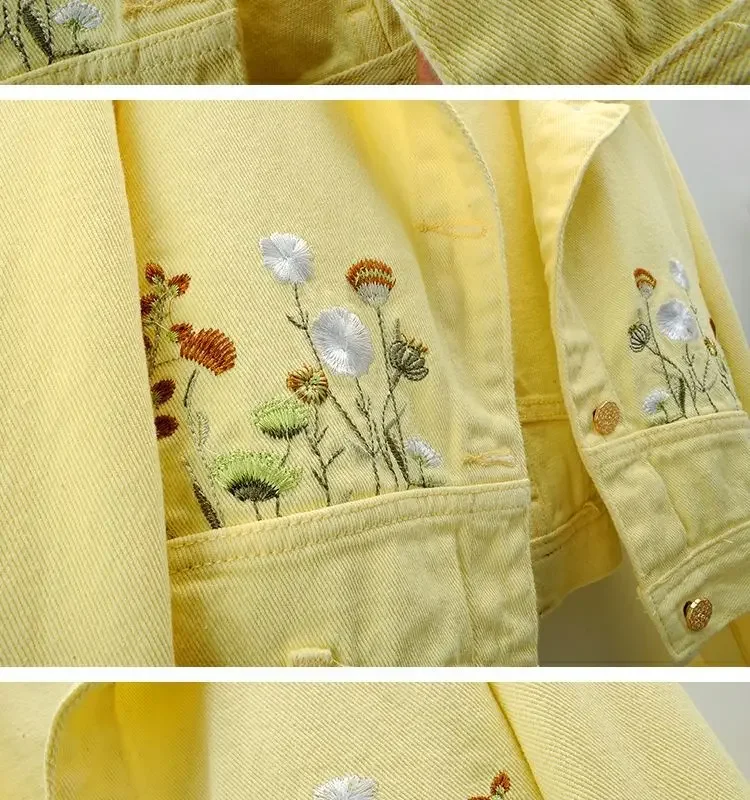 Lente nieuwe dames Franse gele geborduurde denim jas met lange mouwen Hoogwaardige mode casual vrouwelijke korte jas
