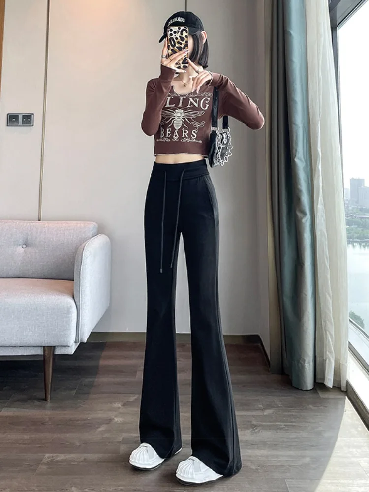 กางเกงวอร์มทรงบานเอวสูงสไตล์อเมริกันสำหรับผู้หญิง ลำลอง ใส่เล่นกีฬา ฤดูใบไม้ผลิ ฤดูใบไม้ร่วง สินค้ามาใหม่ ไซส์เล็ก