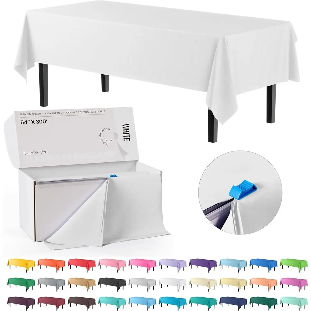 

54 White Plastic Table Cover, 300ft Roll, Cut-to-Size Box with Slide Cutter for 36 Rectangle 8ft Tablecloths