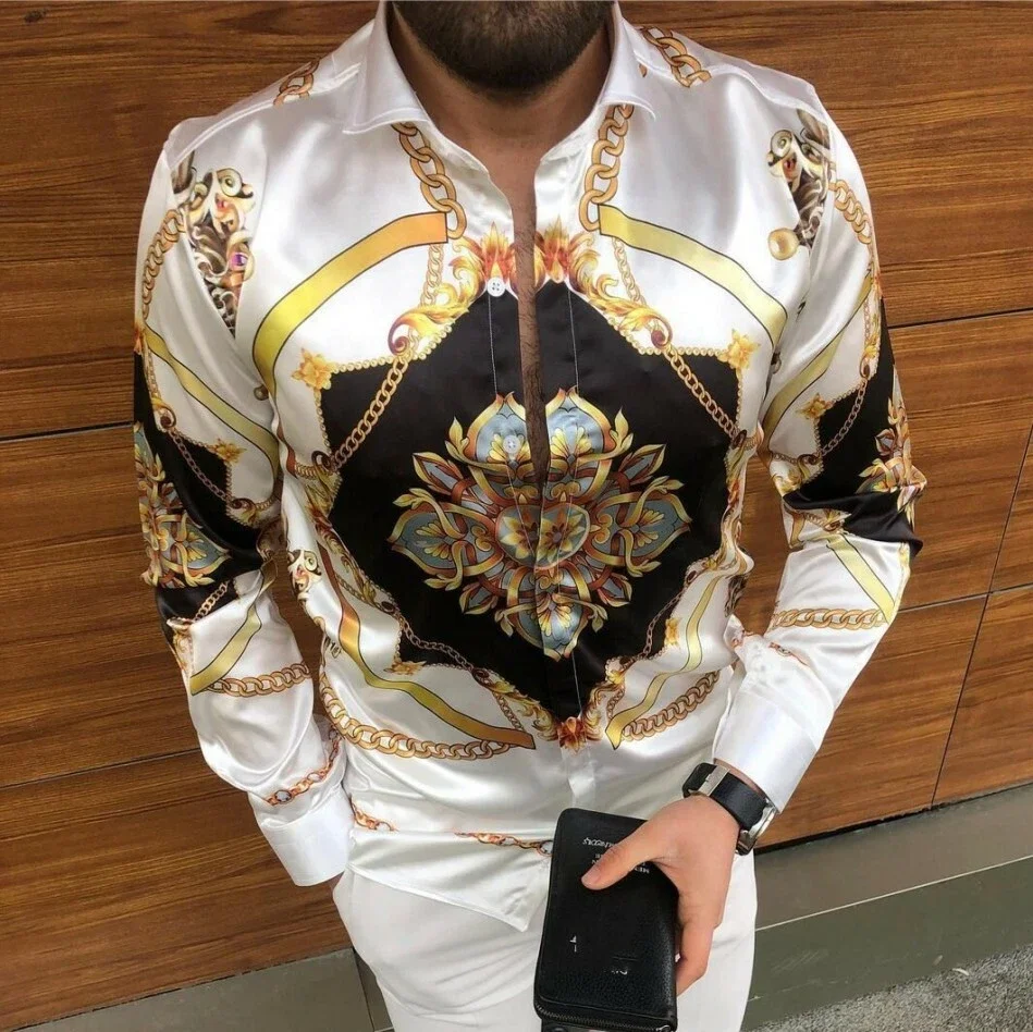 Men's fashionable satin totem high-definition luxury printed long-sleeved shirt, casual party top, suitable for gifting and stre