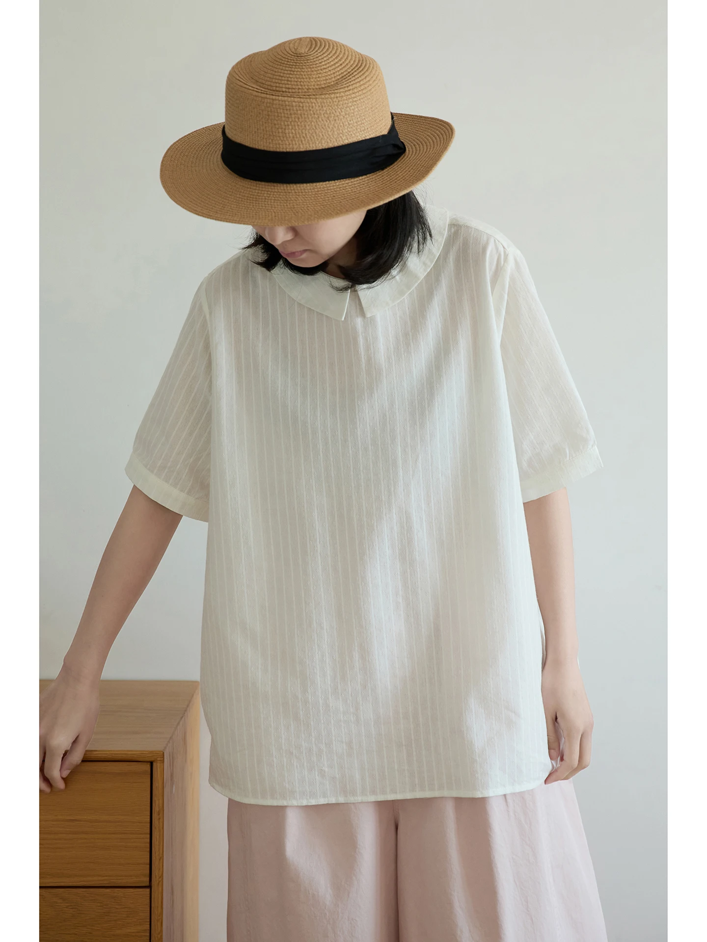 

Lightweight Japanese Style Short Sleeve Shirt Turn-down Collar Vertical Stripes Summer Cotton Breathable Loose Fit Women's Top