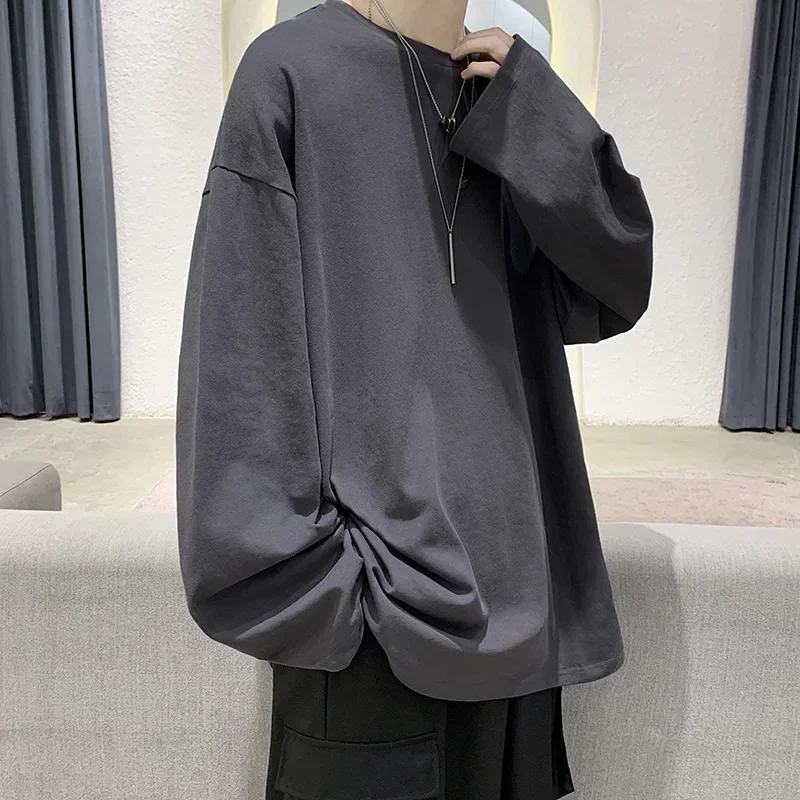 Spring Korean Harajuku Oversize T-shirt Men Solid Casual Loose Long Sleeves Men T Shirt Fashion Simplicity Men Clothing Y2k