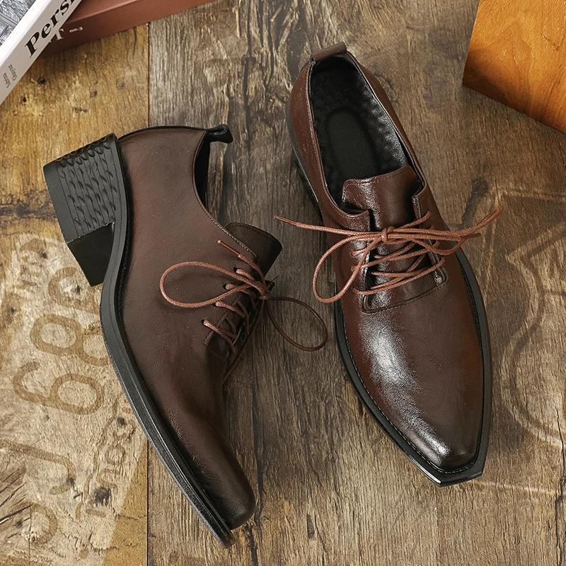

Men Fashion British Style Derby Shoes Brown Leather Block Heel Formal Casual Shoes for Daily Work Party Size 38 - 46 Men Shoes